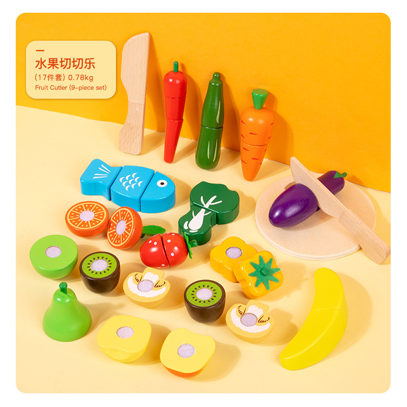 Wooden Play Food Set Cutting Fruits and Veggies Toys for Toddlers 1-3