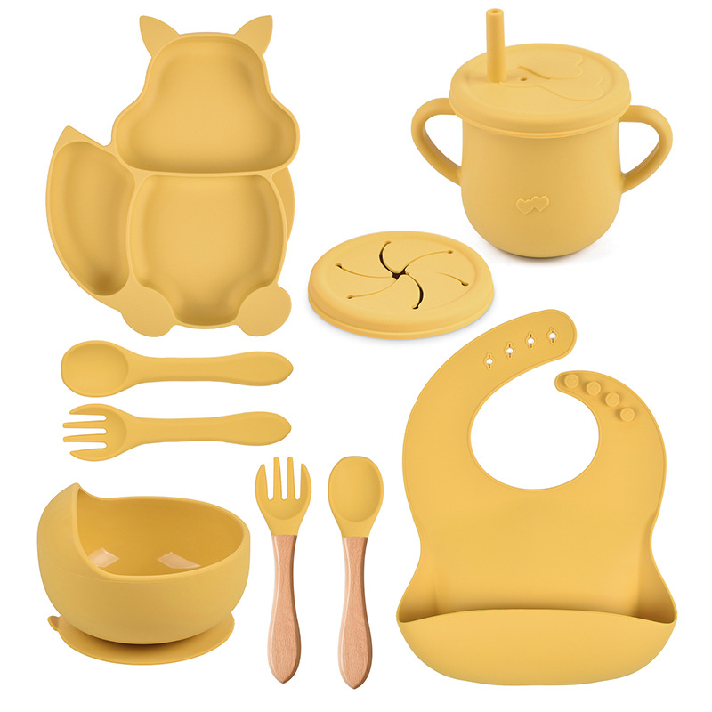 Silicone Baby Feeding Set Squirrel Plate Bowl With Suction